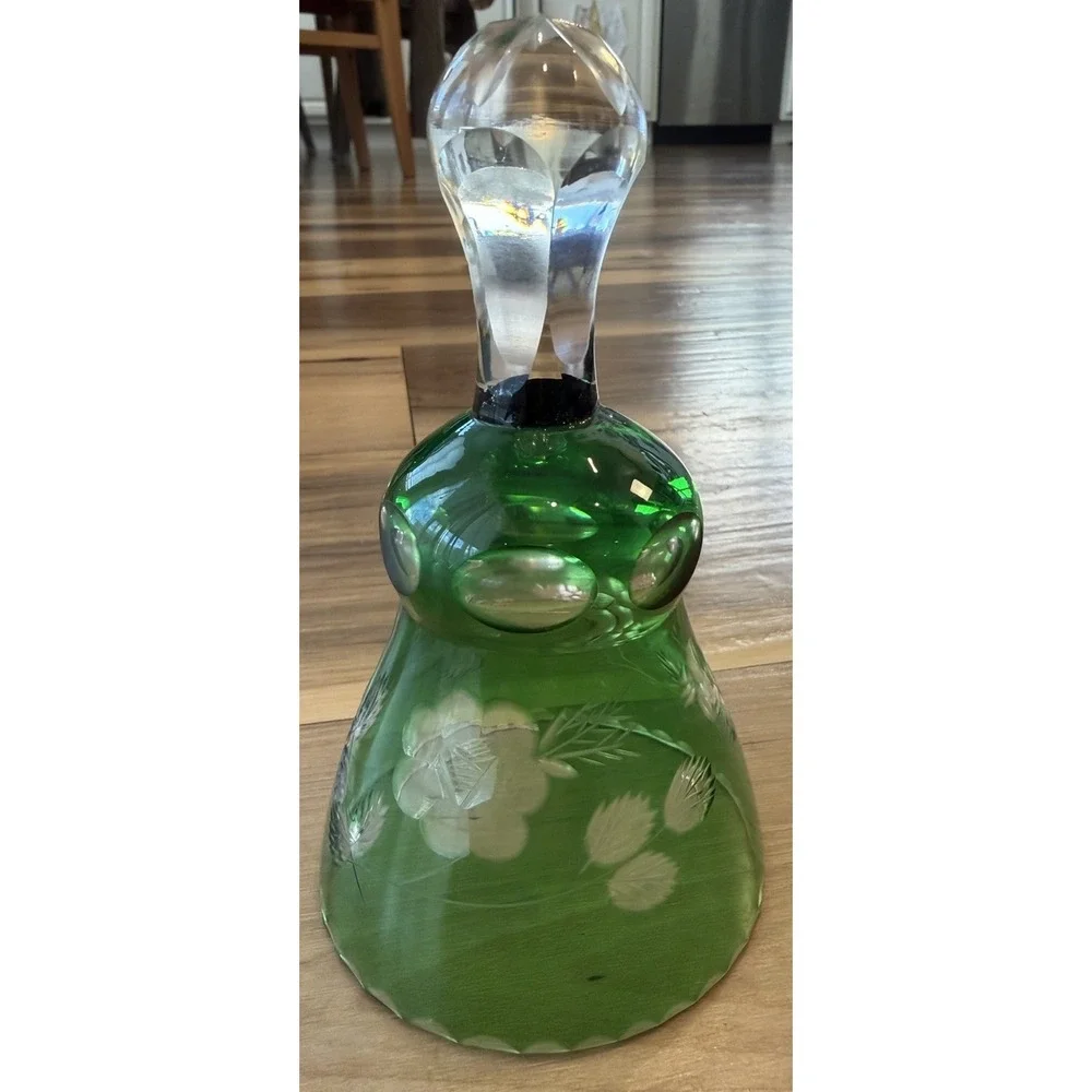 Vintage Emerald Green Cut Crystal Glass Hand Bell Floral Etched Clear Handle